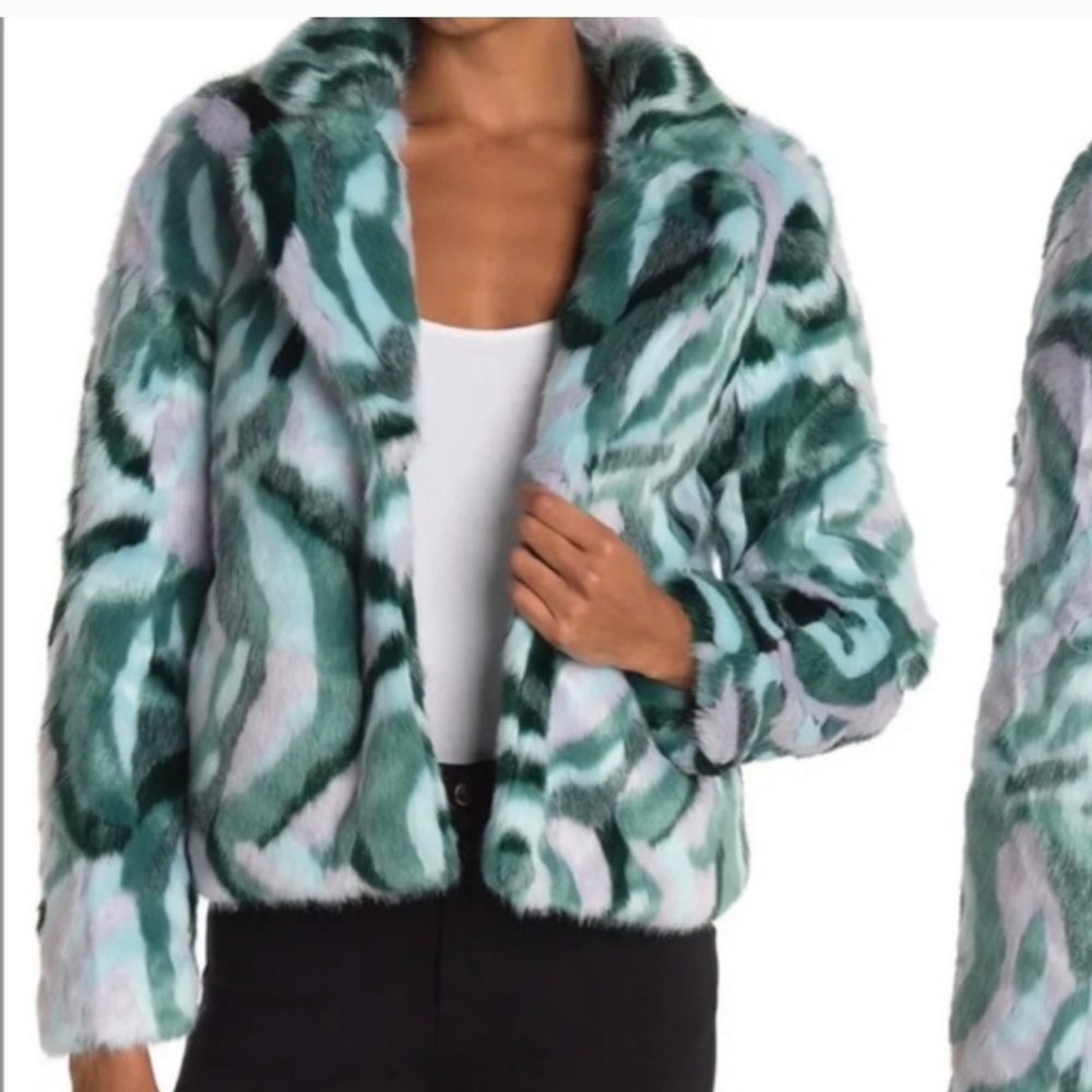 DVF x Apparis Tracy Green & Pink Patterned Faux Fur Jacket Sz L